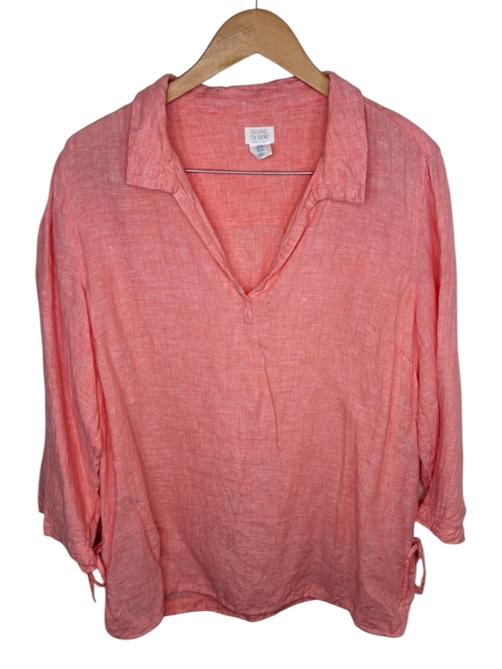 Sigrid Olsen Peach Coral Linen Split Neck Popover Blouse Women Size XL